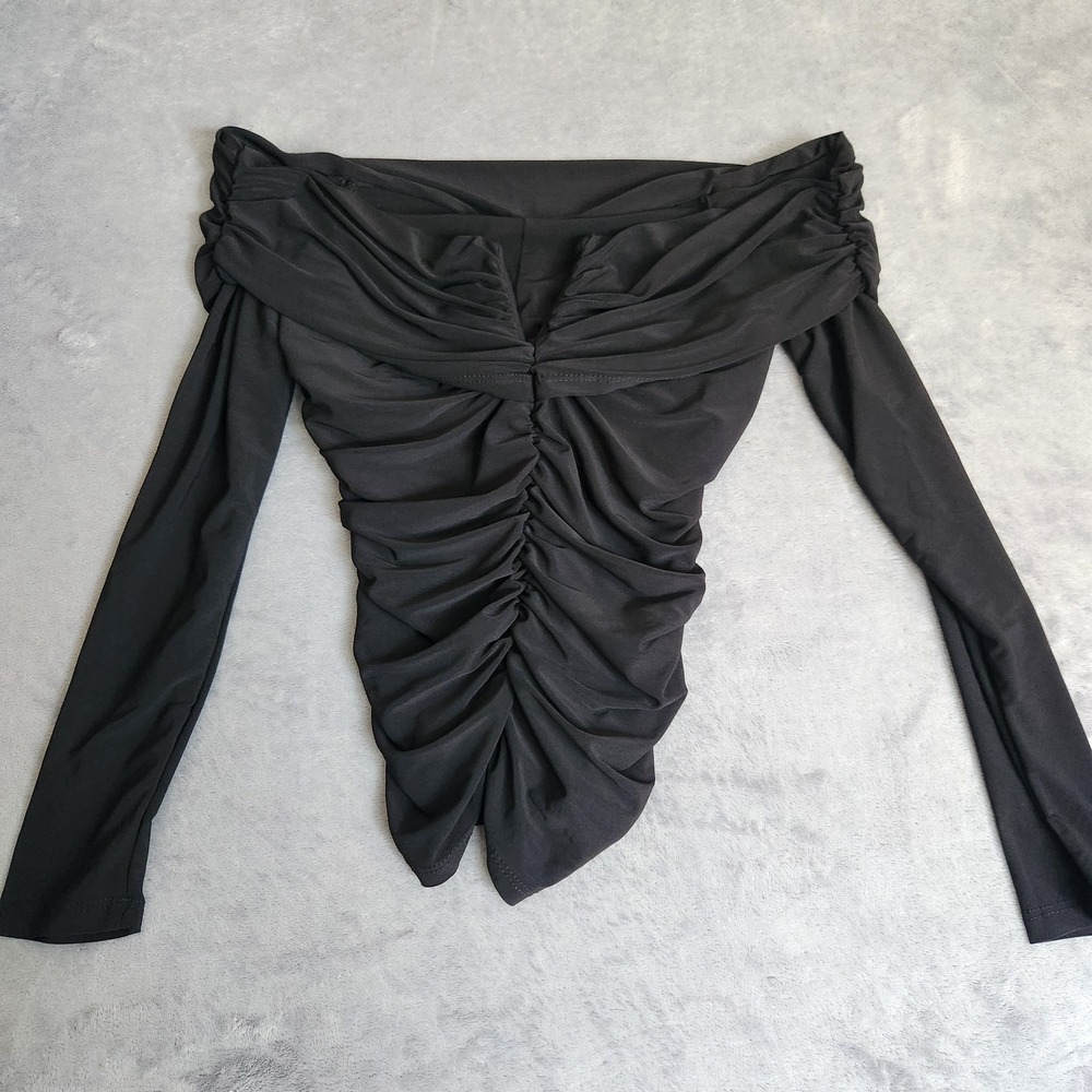 New Express Women's Black Off-Shoulder Ruched Long Sleeve Top Size XS Sexy V